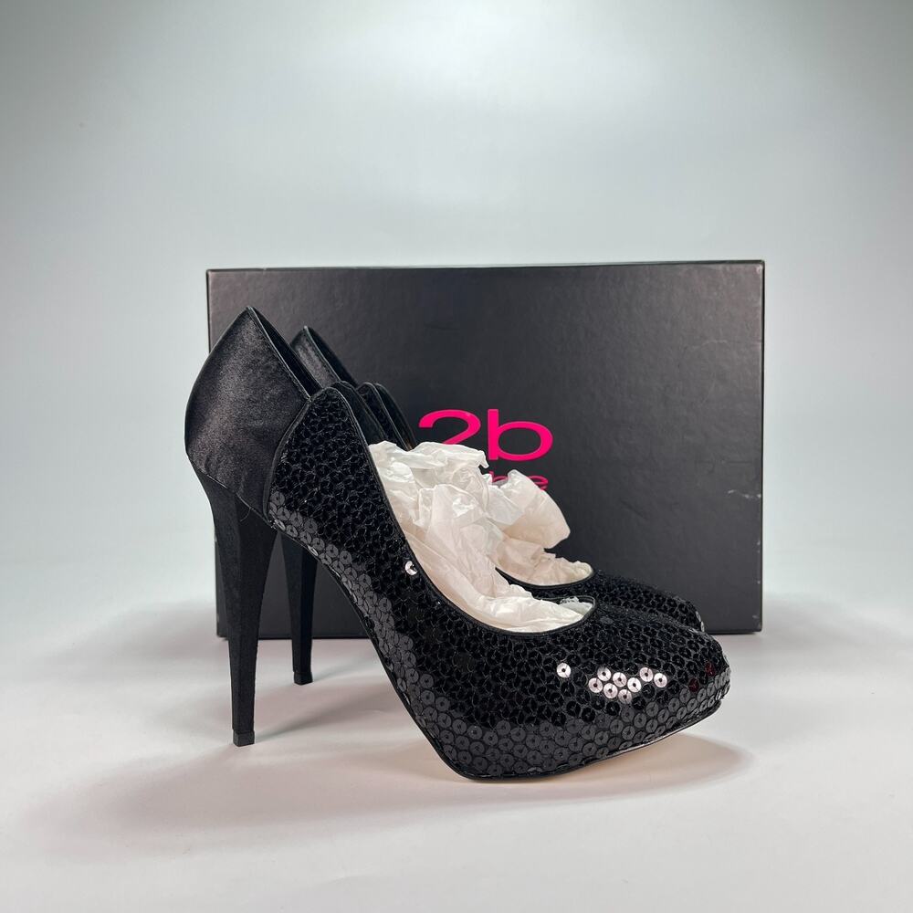 2b Bebe Nicole Black Sequin Platform Stiletto High Heeled Pumps Women's Size 6B